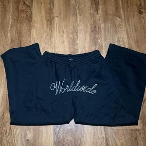 Boohoo Black Sweatpants with 'Worldwide' Embroidery